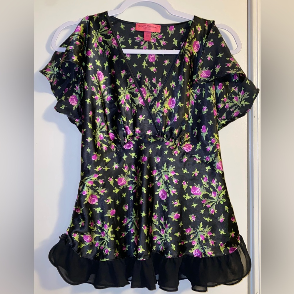 Betsey Johnson Intimates Womens Medium Black Floral Satin Top Lingerie Y2K